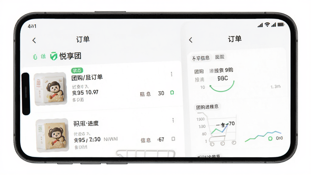 ������APP���ﳵ�붩��ҳ��չʾͼ������Ϊ�ֻ���Ļ��ʾ�����б����Ź����ȣ�����Ϊ���½ṹ�������У��Ű����룬���Ϊ�ִ���Լǳɫϵ��ϸ�ڰ�������״̬��ǩ����Ʒ����ͼ��������Ϣ�����ʸ��壬�ɾ����޶���Ԫ��