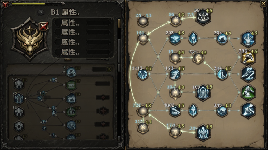 自由之光天赋神通界面预览图,主体为角色属性面板与天赋树状图,布局为左侧职业图标右侧技能节点,排版为竖向滚动列表,风格为暗黑复古传奇UI,细节包含发光节点、连线、等级数字,画质高清干净无多余元素