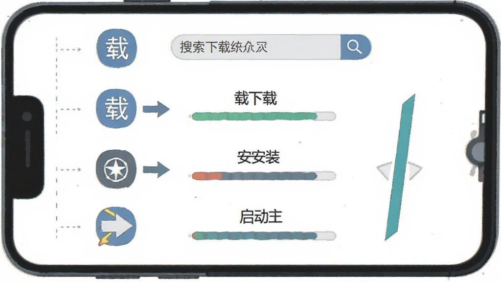 武林盛典安装步骤示意图,主体为手机屏幕显示下载与安装界面,布局从上到下依次为搜索、下载、安装、启动四个步骤,排版简洁明了,风格为扁平化教程插画,细节包含手机图标、箭头指引、进度条,画质清晰干净无多余元素