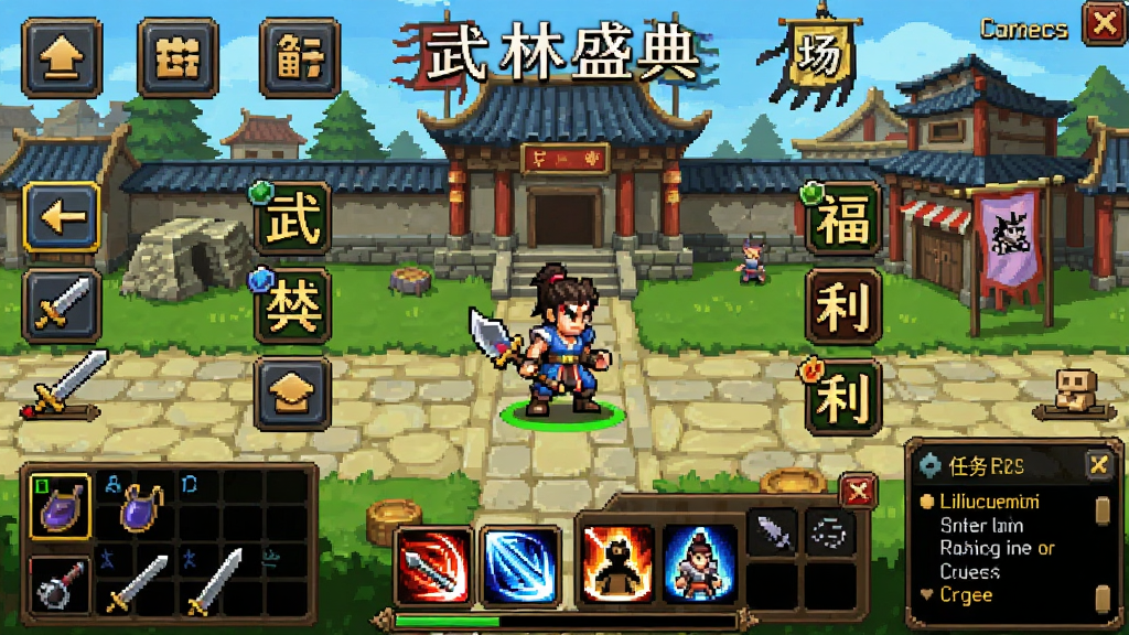 武林盛典游戏界面展示,主体为复古传奇风格的游戏主城场景,布局中央为角色站立画面,周围环绕功能按钮与福利图标,排版清晰直观,风格为经典2D像素复古画风,细节包含装备栏、技能栏、任务追踪面板,画质清晰干净无多余元素