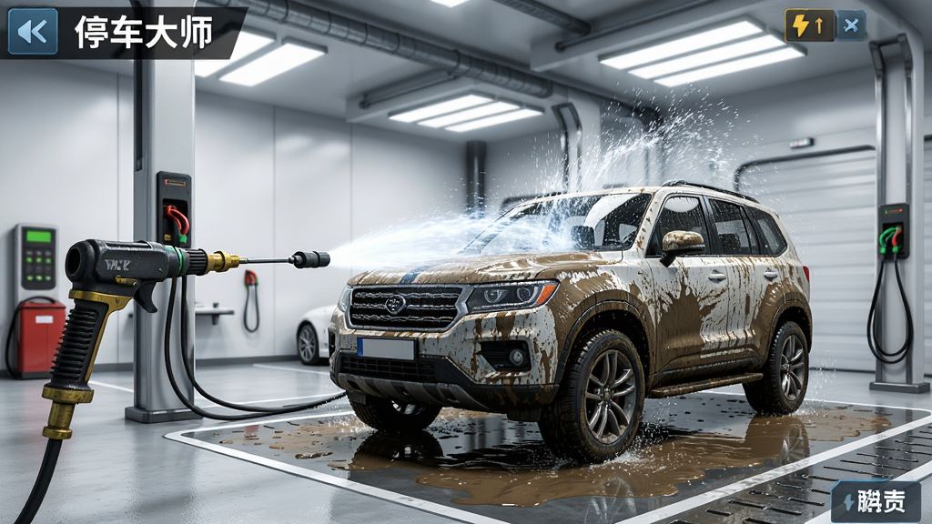 ͣ����ʦģ������Ϸ���棬չʾ��ѹˮǹ��ϴһ��������ɳ��SUV��ˮ���Ľ����������ִ�����ϴ����λ�������ĵƹ⣬�ɾ�������Ű棬дʵ3D���ϸ�ڷḻ�������������޶���Ԫ��