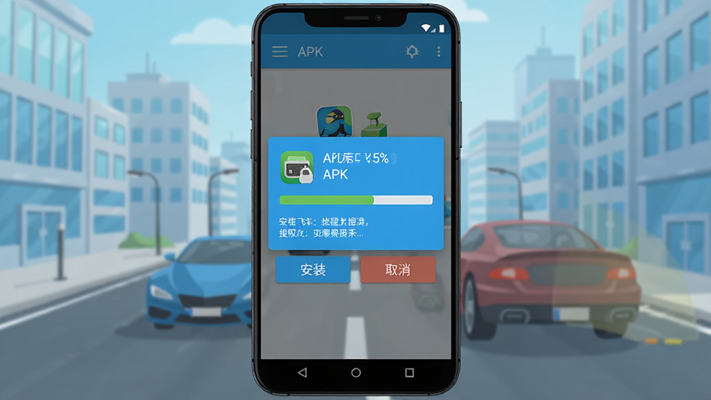 城市急速飞车安卓手机安装界面,主体为手机屏幕显示APK安装进度条,布局为居中弹窗、下方有“安装”与“取消”按钮,排版为竖屏手机界面,风格为扁平化科技蓝,细节包括进度百分比、应用图标、权限提示文字,画质清晰干净无多余元素