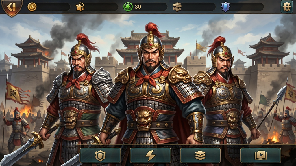 攻城三国游戏主界面截图,画面中央展示三位三国名将威武站立,背景为古代城池和战场硝烟,布局上方为资源栏下方为功能按钮,排版整齐清晰,风格为中国风写实游戏UI,细节包含武将铠甲纹理和城池建筑,画质高清干净无多余元素