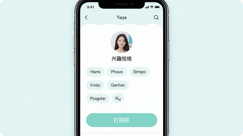 悦甜应用界面展示,主体为手机屏幕中显示兴趣标签匹配页面,布局为居中放置一台智能手机,排版简洁,风格为清新浅色系UI设计,细节包含头像、兴趣标签、打招呼按钮,画质清晰干净无多余元素