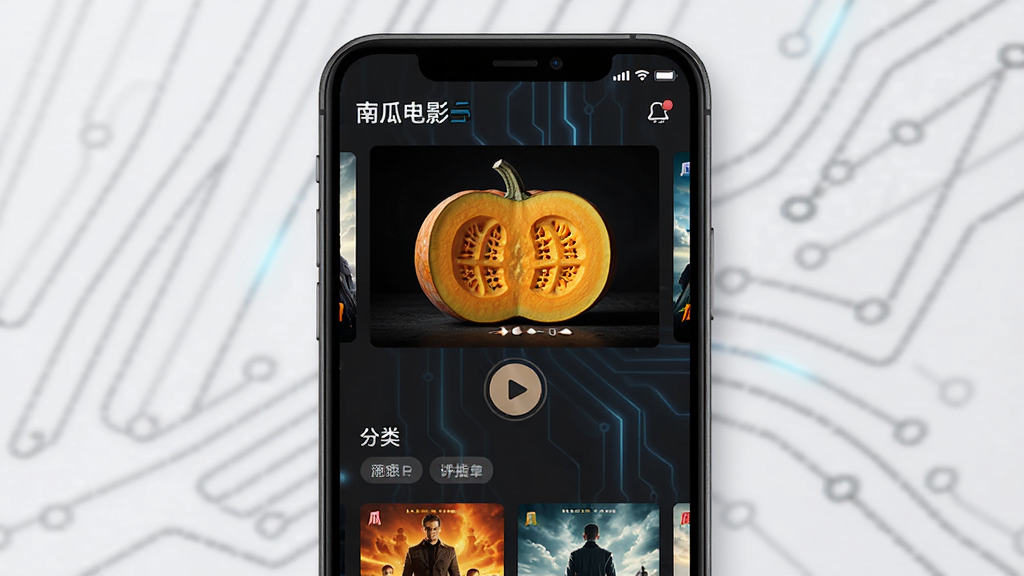 南瓜电影app界面展示,主体为手机屏幕中显示电影海报墙,布局为居中大图排版,风格为现代科技感深色主题,细节包含高清电影封面、播放按钮、分类标签,画质清晰 干净 无多余元素