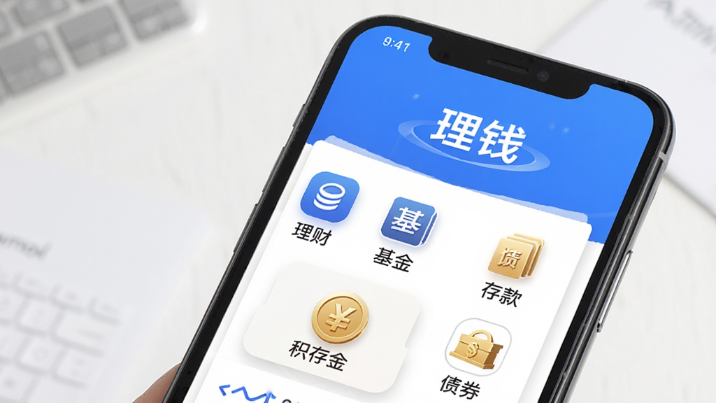 Ǯ���ƹ�App������չʾ���ֻ���Ļ�г������ơ����𡢴�ծȯ�������Ȳ�Ʒ����ͼ�꣬������������ɫ���ɫΪ��ɫ�������������ϸ�ھ��£����ʸɾ����޶���Ԫ��