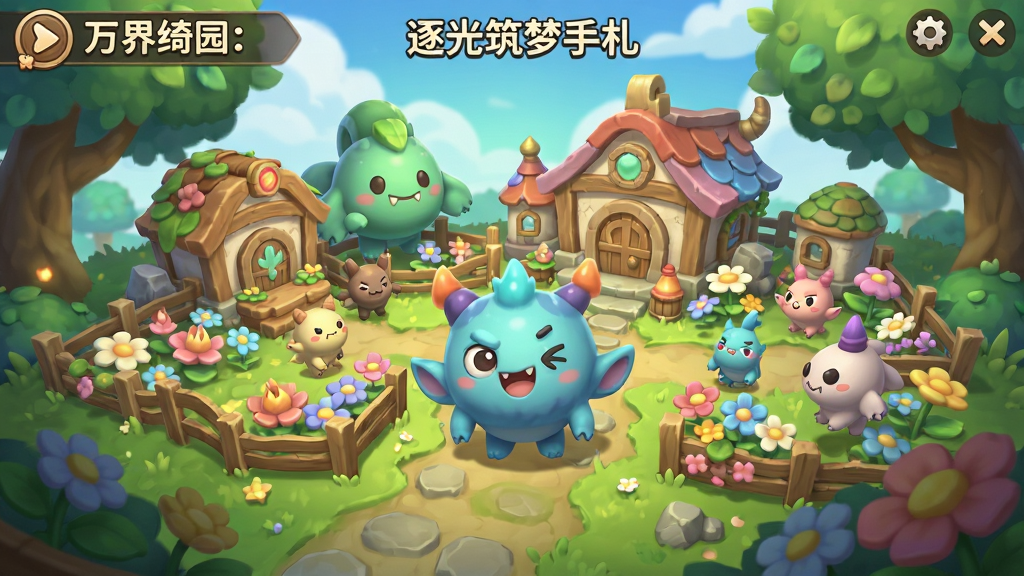 万界绮园:逐光筑梦手札 游戏主界面,可爱的魔物伙伴和庄园场景,搞怪治愈风格,明亮色彩,细节丰富,画质清晰,干净无多余元素