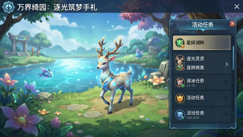 万界绮园:逐光筑梦手札 更新活动界面,星辉湖畔场景,逐光灵鹿魔物,活动任务列表,清新明亮风格,细节精致,画质清晰,干净无多余元素