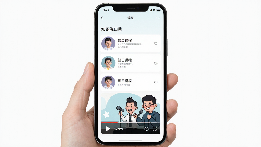 知识脱口秀软件界面展示,主体为手机屏幕内呈现脱口秀视频播放页面,布局居中,排版简洁,风格清新明快,细节包含播放按钮、课程列表和卡通人物插图,画质清晰,干净,无多余元素