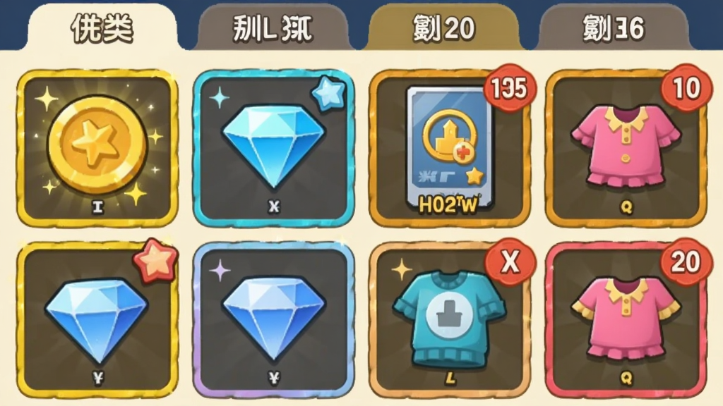 偶像制作人道具界面,主体为游戏内金币、钻石、训练卡、服装图标排列,布局为网格状道具栏,排版上方有分类标签,风格为扁平卡通游戏UI,细节包括闪光特效、品质边框、数量角标,画质清晰,干净,无多余元素