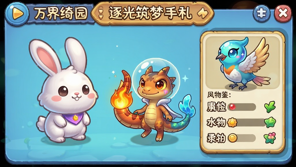 万界绮园:逐光筑梦手札 魔物图鉴 绒绒兔 焰尾蜥 水灵灵 风羽雀 属性面板 游戏UI 卡通风格 色彩明快 细节清晰 画质干净