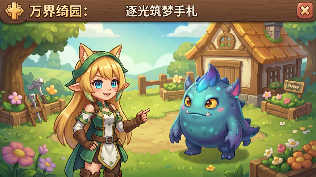 万界绮园:逐光筑梦手札 游戏主界面 艾达与魔物伙伴 田园庄园 温暖色调 卡通风格 细节丰富 画质清晰 干净 无多余元素