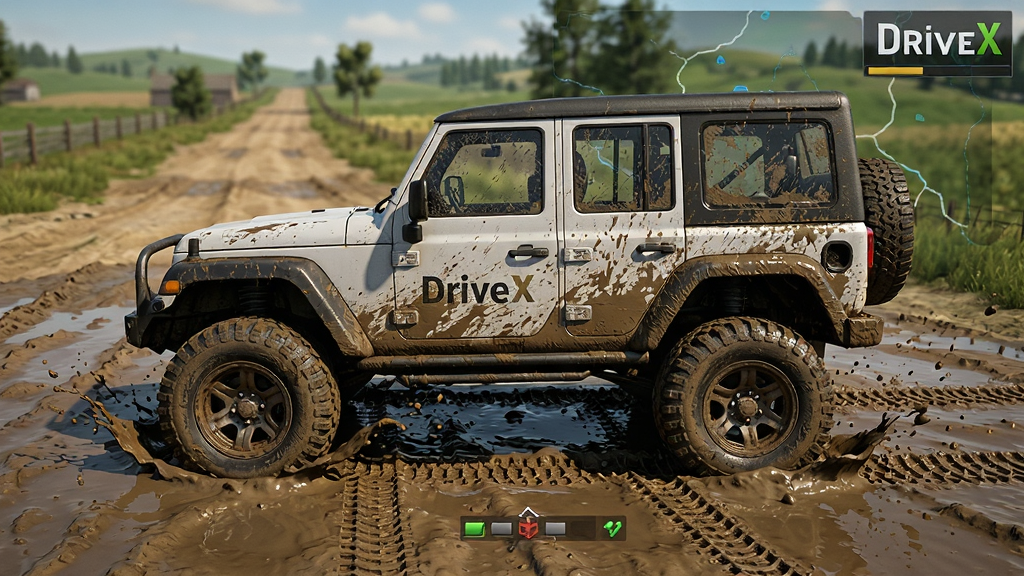 DriveX����ģ������Ϸ��ͼ������Ϊһ��ԽҰ�����ཬ·����ʻ����̥�������У��ཬ�ɽ��������Ͳ����ϣ�����Ϊ���������ͼ������·������Ϊ���ӽǣ��Ű�ͻ���ཬ����Ч�������дʵ3D��Ⱦ��ϸ�ڰ����ཬ��������̥�ۼ���������㣬���ʸ��壬�ɾ����޶���Ԫ��