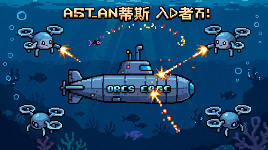 亚特兰蒂斯入侵者游戏主界面,深蓝色海洋背景,一艘科幻潜艇居中,周围环绕多只可爱无人机,弹幕射击特效,复古像素风格,布局清晰,画质干净,无多余元素