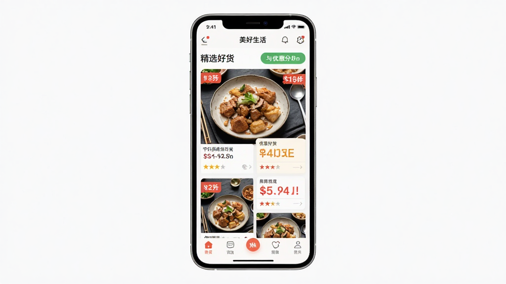 ������������App�����ͼ������Ϊ�ֻ���Ļչʾ��ѡ�û����Ż�ȯҳ�棬���ֲ������ҷ������Ű�����������ִ���Լ��ϸ�ڰ�����ʳͼƬ���ۿ۱�ǩ�͵����������ʸ��壬�ɾ����޶���Ԫ��