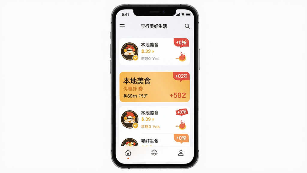 ������������App����չʾ������Ϊ�ֻ���Ļ�г��ֱ�����ʳ���Ż�ȯ�б������ֲ��þ����ֻ�����չʾ���Ű������������Ϊ�ִ���ƽ��UI��ƣ�ϸ�ڰ����̻�ͼ�ꡢ�ۿ۱�ǩ�͵����������ʸ��壬�ɾ����޶���Ԫ��