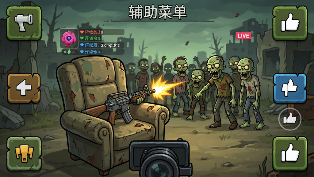 僵尸空闲(辅助菜单)游戏主界面,主体是一张带有枪械的扶手椅在直播镜头前射击僵尸,布局为中央战斗区加四周升级按钮,排版清晰,风格为美式卡通末日废土风,细节包括僵尸群、直播弹幕、点赞图标,画质高清,干净,无多余元素