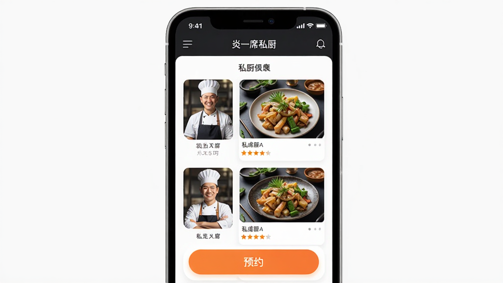 ��һϯ˽��App����չʾ������Ϊ�ֻ���Ļ��ʾ˽���б���ԤԼ��ť�����־��У��Ű��࣬����ִ���ʳ��App��ϸ�ڰ�����ʦͷ�񡢲�ƷͼƬ�������Ǽ������������ɾ����޶���Ԫ��