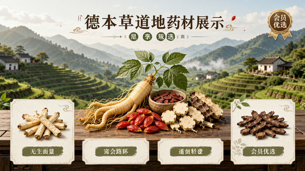 e德本草道地药材展示页面,画面中央为精美的人参枸杞等中药材组合,背景为原产地山水风光,排版采用卡片式设计,风格自然古朴,细节包含药材名称标签和会员优选标识,画质高清干净无多余元素