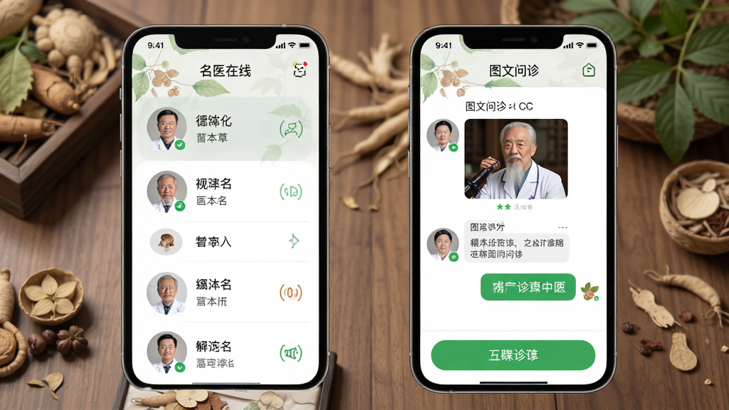 e德本草中医问诊界面展示,手机屏幕中显示名医在线列表和图文问诊对话框,背景为淡雅的中草药图案,整体布局清晰简洁,风格清新科技,细节包含名医头像和绿色问诊按钮,画质高清干净无多余元素