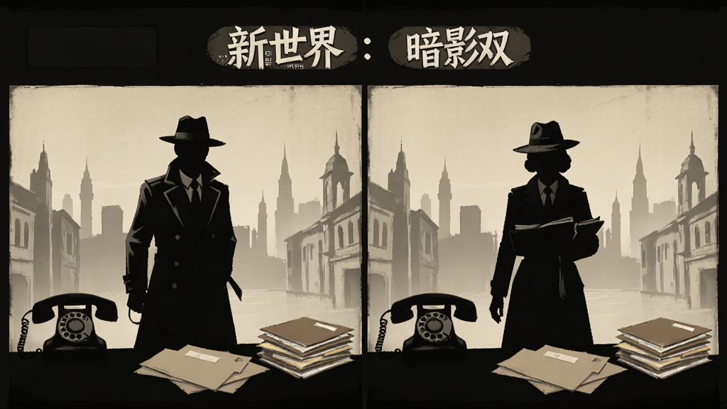 新世界:暗影成双 游戏主界面 双人合作 民国风格 主体为两位角色剪影 布局左右分屏 排版简洁 风格复古谍战 细节包含老式电话与文件 画质清晰 干净 无多余元素
