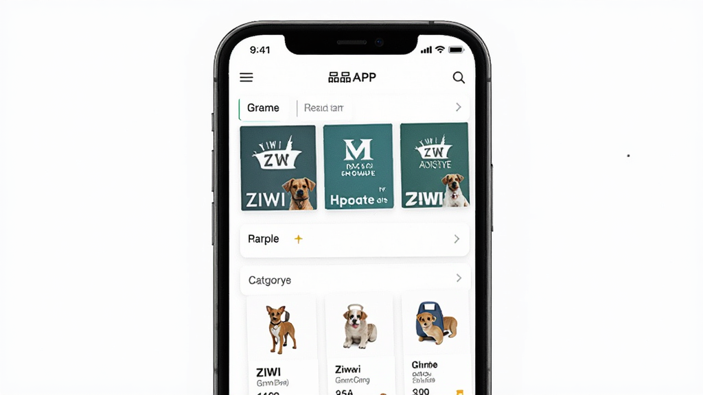 ��ƷAPP����չʾ������Ϊһ���ֻ���Ļ����Ļ�ڳ��ֳ�����Ʒ�ɹ��̳�ҳ�棬��������չʾƷ���б�����Ʒ���࣬�Ű��࣬����ִ�����ϸ�ڰ���ZIWI��������Ʒ�Ʊ�ʶ�������������ɾ����޶���Ԫ��