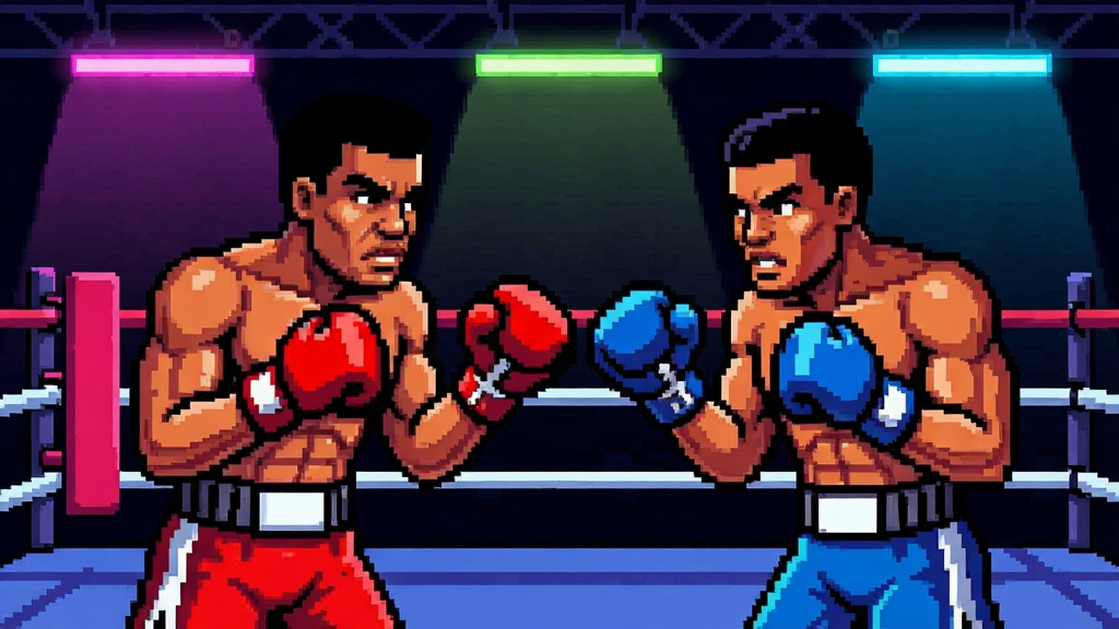Newtro Boxing 复古拳击 像素风格 拳击擂台 两个拳手对峙 霓虹灯光 街机风格 细节丰富 画质清晰 干净 无多余元素