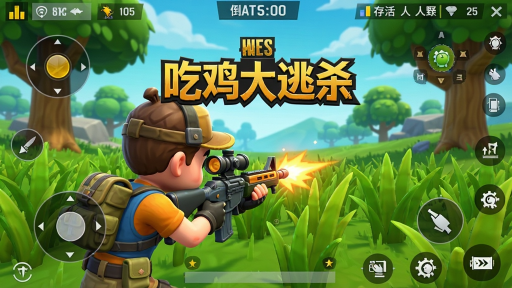 吃鸡大逃杀荒野求生行动手游对战界面,Q萌角色在草丛中瞄准射击,上方显示倒计时和存活人数,画面采用美式卡通渲染风格,色彩鲜艳,UI简洁,屏幕中央显示“吃鸡大逃杀”游戏logo,高清画质,干净无杂乱元素