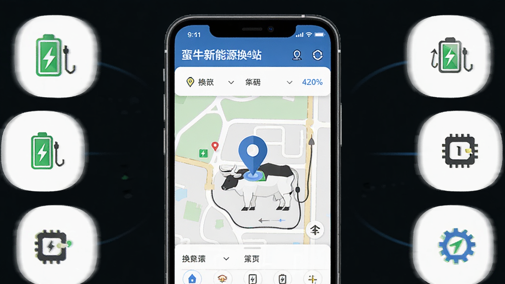 蛮牛新能源应用界面展示,主体为手机屏幕中显示换电站地图定位页面,布局为居中手机模型加周围功能图标环绕,排版简洁清晰,风格为现代科技感扁平化设计,细节包括绿色电池图标和蓝色定位标记,画质高清干净无多余元素