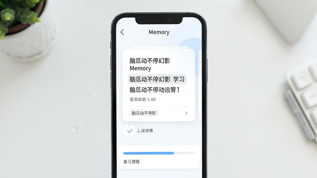 脑瓜动不停幻影 学习界面,主体为手机屏幕展示记忆卡片,布局居中,排版简洁,风格清新,细节包括卡片文字与复习进度条,画质高清,干净,无多余元素