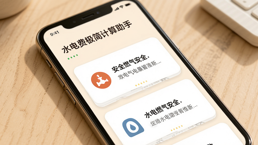 水电费极简计算助手使用指南页面,主体为手机屏幕显示图文并茂的指南内容,布局为上下滑动卡片式排版,风格温暖生活化,细节包含水电燃气安全提示图标与文字说明,画质高清干净,无多余元素