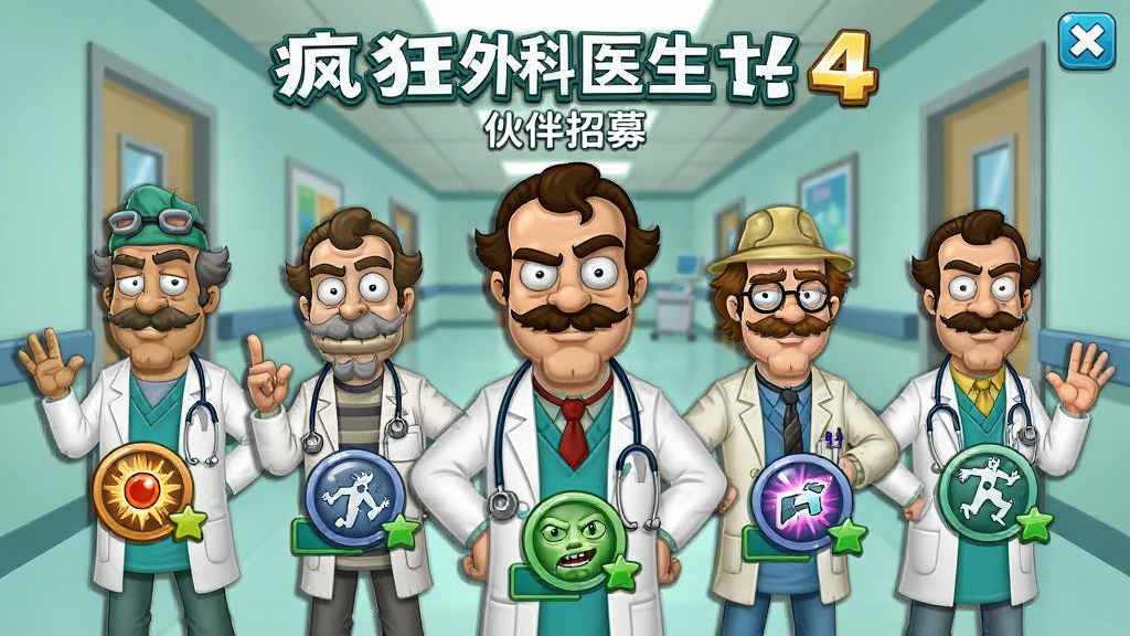 疯狂外科医生4伙伴招募界面,多个卡通医生角色排列展示,每个角色有不同造型和特殊能力图标,背景为医院走廊,风格活泼搞笑,画面干净,高清画质