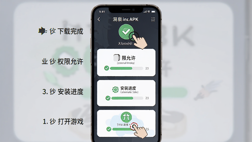 万族穿越-源启崛起安装步骤示意图,主体为手机屏幕显示APK安装界面,布局为竖版手机截图风格,排版从上到下依次展示下载完成、权限允许、安装进度、打开游戏四个步骤,风格为简洁教程插画,细节包含手指点击图标、进度条、对勾标志,画质清晰干净无多余元素