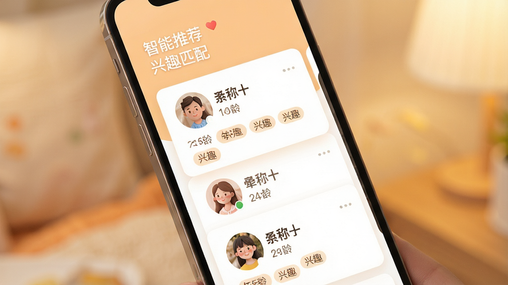 ǣ��App�����Ƽ�����չʾ���ֻ���Ļ����ʾ�����û���Ƭ��ÿ�ſ�Ƭ����ͷ���ǳơ��������Ȥ��ǩ������Ϊ��͵�ůɫ�������������������ֱ�ע�������Ƽ�������Ȥƥ�䡱����������ܰ�Ѻã����ʸɾ��޶���Ԫ��