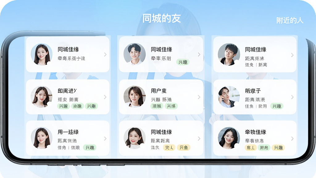 ǣ��Appͬ�ǽ���ҳ�棬�ֻ���Ļ��ʾͬ���û��б���ÿ���û���Ƭ����ͷ�񡢾������Ȥ��ǩ������Ϊǳ��ɫ���䣬����ɾ����࣬���ֱ�ע��ͬ�Ǽ�Ե�����������ˡ����������������������������޶���Ԫ��