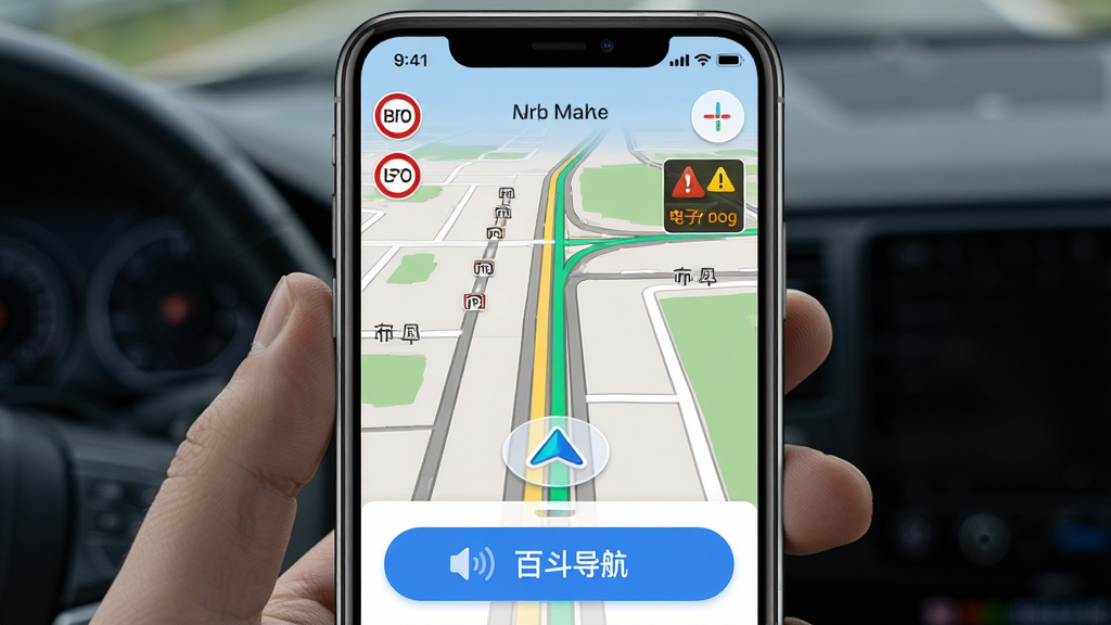 百斗导航手机界面展示,主体为手机屏幕中显示导航地图和语音播报按钮,布局居中,排版简洁,风格写实科技感,细节包括道路线条、限速图标和电子狗预警提示,画质清晰,干净,无多余元素