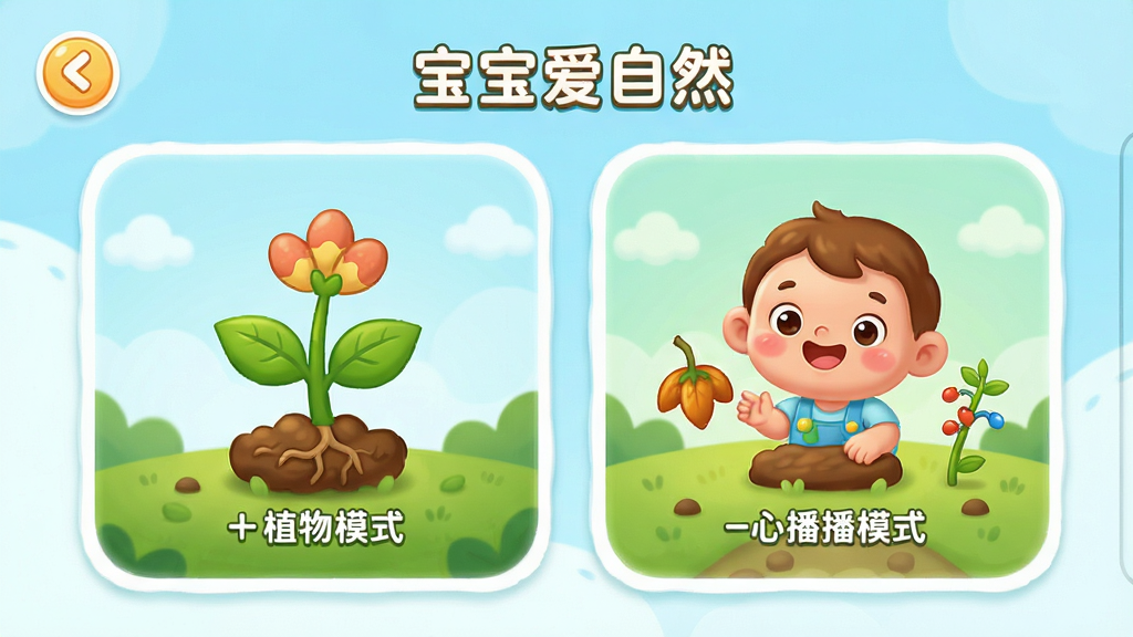 宝宝爱自然应用界面,展示植物生长模式和种子传播模式两大入口,卡通风,明亮色彩,儿童友好,布局清晰,干净无多余元素,高清画质