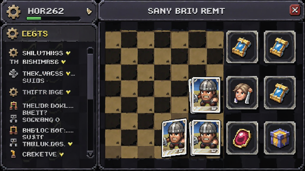 野蛮战卒游戏更新界面,主体为像素风格棋盘与卡牌列表,布局左侧显示版本号与更新日志,右侧展示新宝物图标,排版采用上下结构,风格为复古游戏UI,细节包含齿轮图标、文字条目、高亮标记,画质干净无多余元素,适合软件下载站更新说明配图