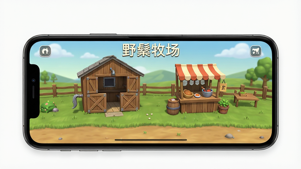 主体是手机屏幕展示野鬃牧场游戏界面,布局为手机居中放置,排版干净,风格为现代科技感,细节包括马厩和集市图标,画质高清干净,画面中写有“野鬃牧场”文字,无多余元素