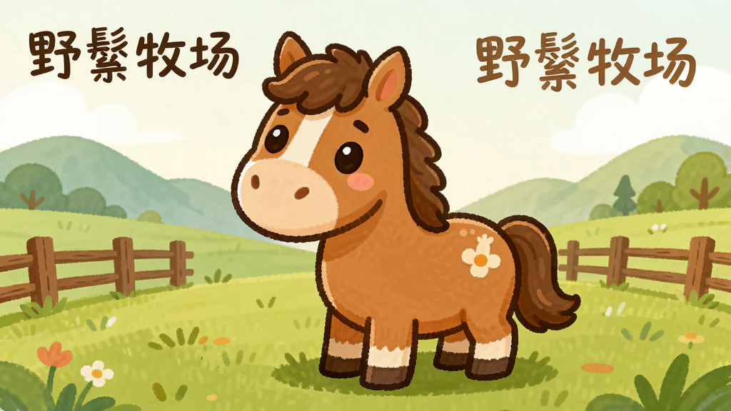 主体是一只可爱的卡通马站在绿色牧场上,布局为居中构图,排版简洁,风格为温暖手绘卡通,细节包括远处的山丘和木栅栏,画质清晰干净,画面中写有“野鬃牧场”文字,无多余元素