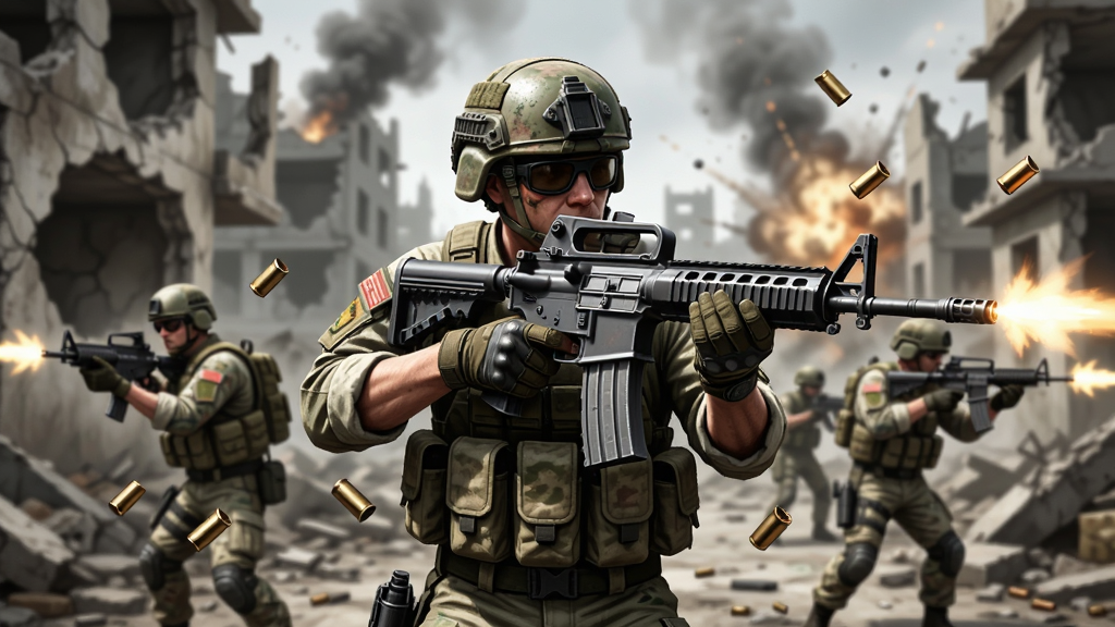 Firefight 帝国兴落 游戏画面,多名士兵手持现代突击步枪在废墟城市中交火,主体为中央持枪士兵,布局采用三分法构图,排版突出武器细节与战场烟雾,风格为写实军事风,细节包括枪口火光、弹壳抛落、破损墙壁与远处爆炸,画质高清,干净,无多余元素