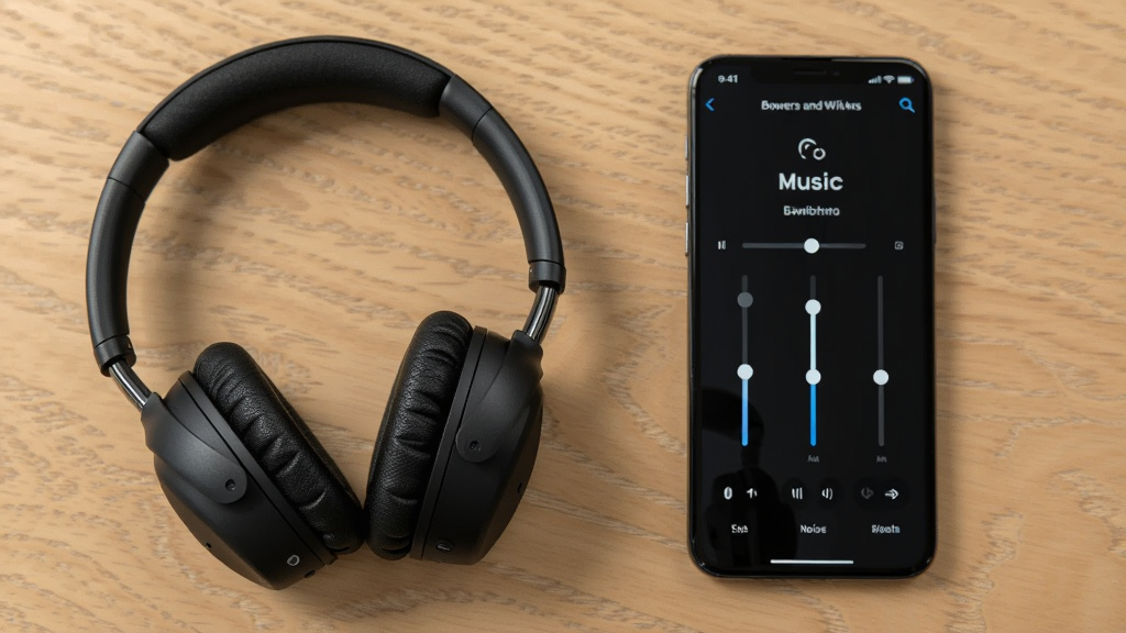 һ��Bowers & Wilkins PX7 S3���߶���������ľ�������ϣ��Ա�һ���ֻ���Music Bowers and WilkinsӦ�õĽ�����ڽ��棬��������Ϊ�������ֻ���Ļ���������ҶԳƣ����Ϊ�߶������Ʒ��Ӱ��ϸ�ڰ�������ͷ����������������Ļ�ϵĽ��뻬�飬���ʸ��壬�ɾ����޶���Ԫ��