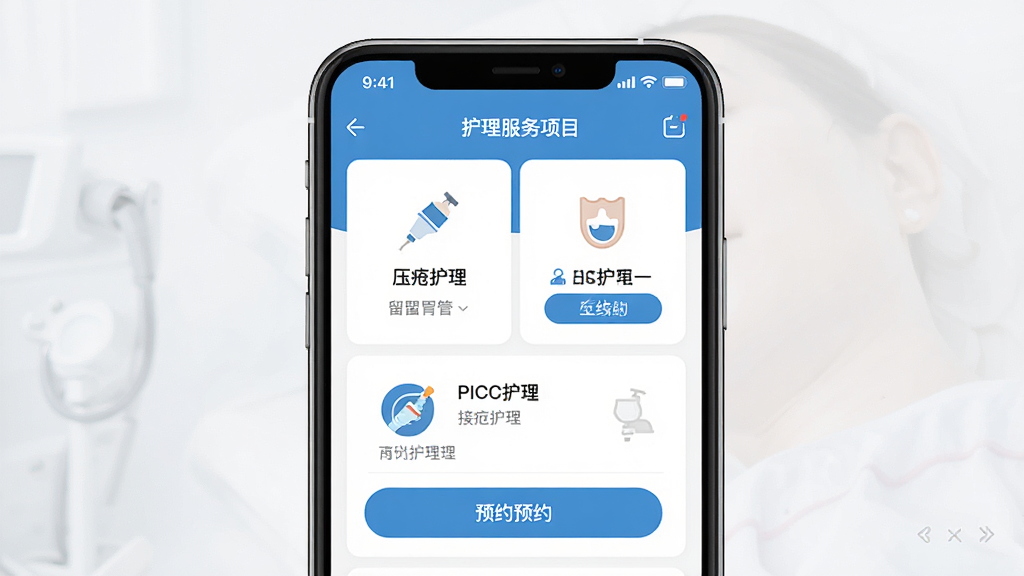 燕尾帽护理上门APP预约护士界面展示,画面主体为手机屏幕中显示护理服务项目列表与护士接单信息,布局为居中手机样机展示,排版简洁清晰,风格为现代医疗健康类应用界面,细节包含留置胃管、压疮护理、PICC护理等图标与预约按钮,画质高清干净无多余元素