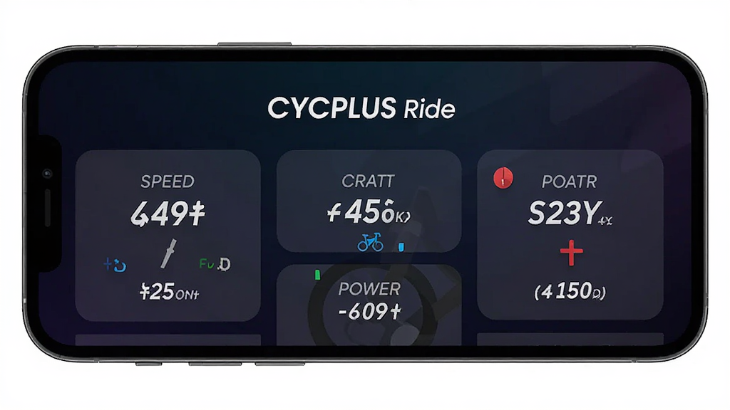 主体为手机屏幕显示CYCPLUS Ride骑行数据仪表盘,布局为居中展示APP界面,排版为上下结构上方标题下方数据卡片,风格为现代科技感扁平化设计,细节为速度踏频心率功率数值清晰可见背景为深色渐变,画质高清干净无多余元素