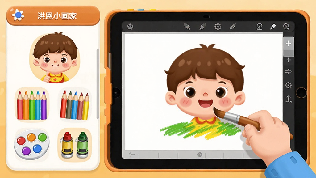 ���С����Ӧ�ý���չʾ������Ϊ��ͨ��ͯ�ֳֻ�����ƽ������ϻ滭���������Ϊ��ɫѡ�����Ҳ�Ϊ�������Ű������������ܰͯȤ��ϸ�ڰ�����ɫǦ�ʡ�ˮ���̡��ͻ���ͼ�꣬���ʸ��壬�ɾ����޶���Ԫ��