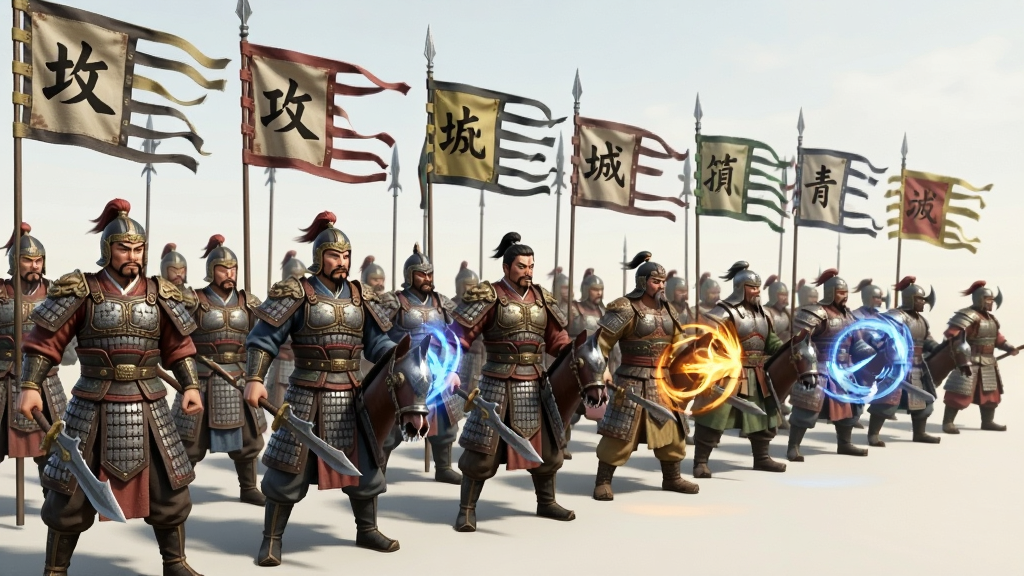 攻城天下游戏画面,主体为三国风格武将阵列,布局为横向排列展示不同兵种,排版清晰,风格写实中国风,细节包括铠甲、旗帜、技能特效,画质高清,干净,无多余元素