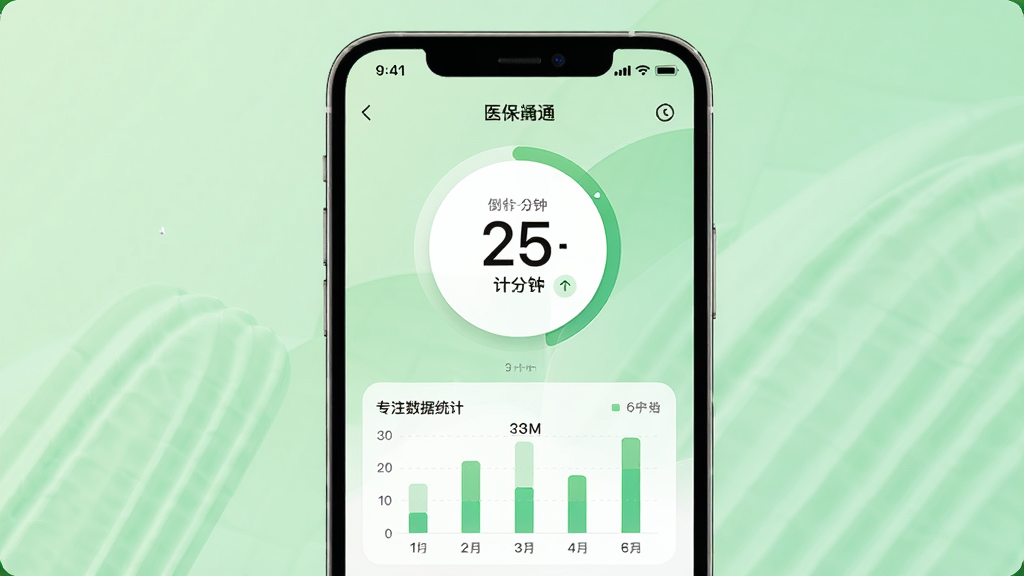 医保通软件番茄钟功能界面,手机屏幕显示25分钟倒计时圆环和专注数据统计图表,背景为柔和绿色调,风格清新简约,布局居中,细节包含时间数字和统计柱状图,画质高清,干净无多余元素