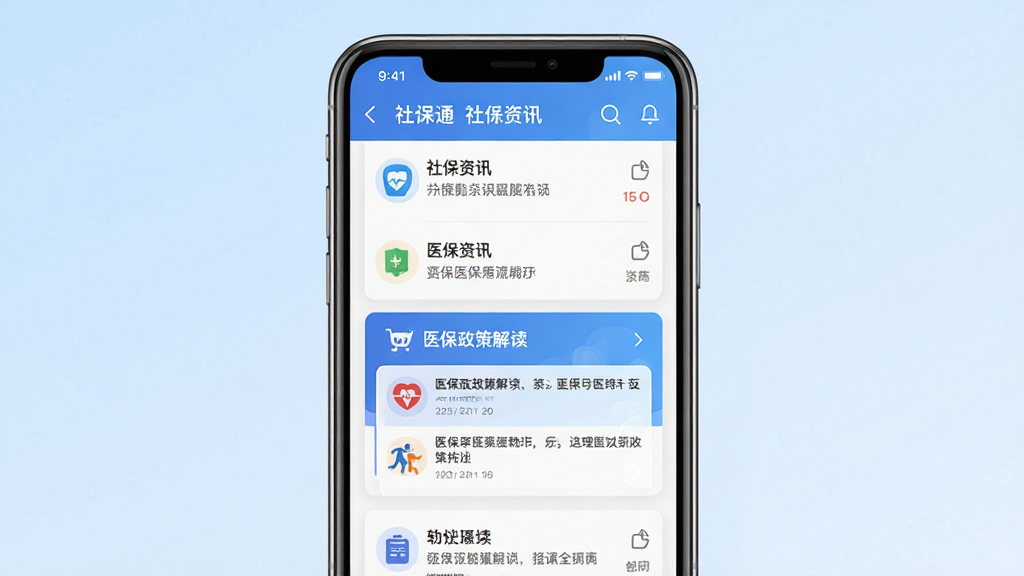 医保通软件界面截图,画面中央展示手机屏幕,屏幕内显示社保资讯列表和医保政策解读卡片,背景为淡蓝色渐变,布局简洁清晰,风格现代扁平化,细节包含图标和文字排版,画质高清,干净无多余元素