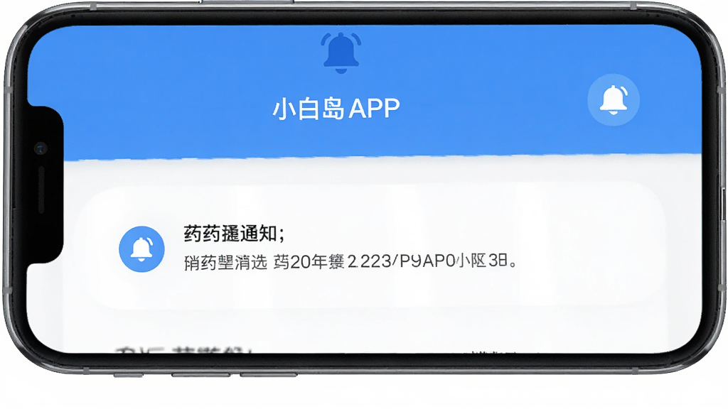 小白岛APP消息提醒界面,手机屏幕显示用药提醒和社区互动通知,界面简洁,带有铃铛图标,蓝白配色,干净无多余元素,高清画质