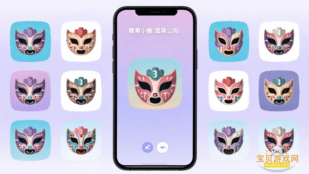 糖果小圈(面具公园)APP主界面,手机屏幕居中展示,左右两侧排列多个面具头像图标,背景为淡紫色渐变,扁平化设计风格,画面干净简洁,细节清晰,高清画质,无多余元素
